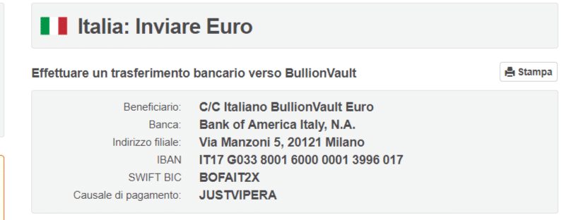 come depositare su bullionvault